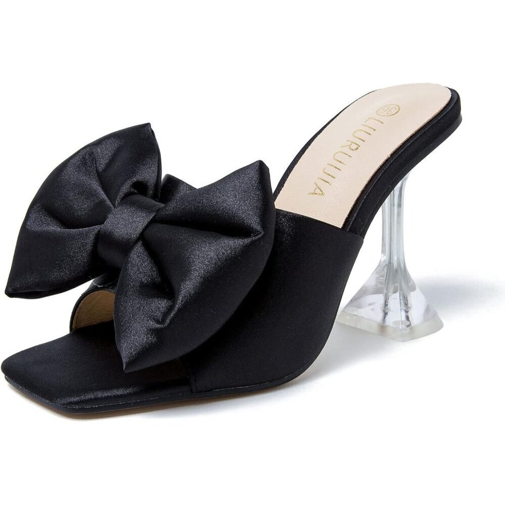 Women's Bow High Heels Mules Dress Sandals Slip On Party Wedding Bridal Black